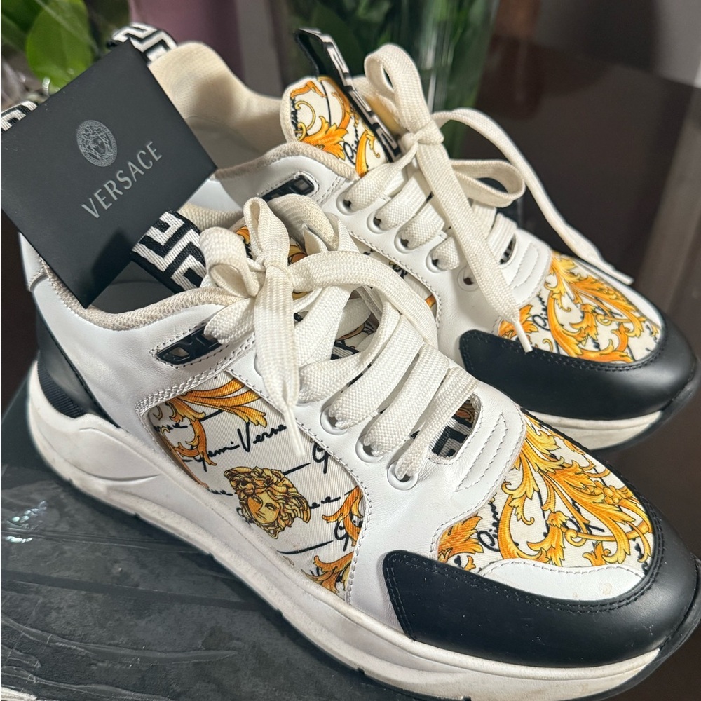 Versace White and Black Sneakers with Gold Pattern